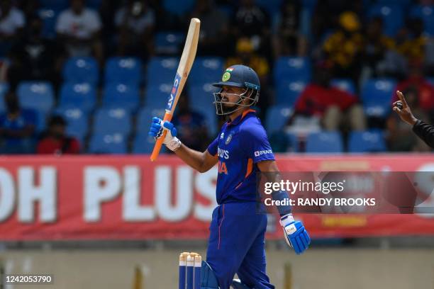 Shreyas Iyer of India celebrates his half century during the 1st ODI match between West Indies and India at Queens Park Oval, Port of Spain, Trinidad...