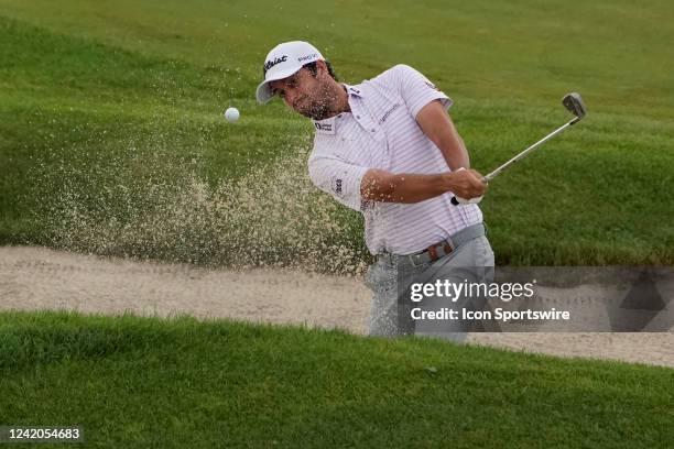 Davis Riley hits out of a bunker on the 12th hole during round two of the 3M Open at TPC Twin Cities on July 22, 2022 in Blaine, Minnesota.