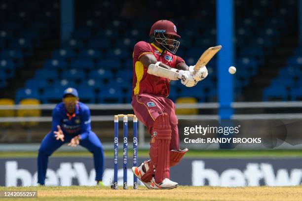 Kyle Mayers of West Indies hits 4 during the 1st ODI match between West Indies and India at Queens Park Oval, Port of Spain, Trinidad and Tobago, on...