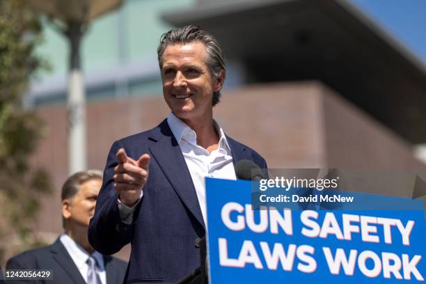 California governor Gavin Newsom addresses a news conference where he signed SB 1327 into law on July 22, 2022 in Los Angeles, California. During the...