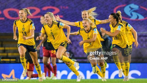 Linda Sembrant of Sweden women celebrates 1-0 during the women's quarter-final between Sweden and Belgium on July 21, 2022 in Leigh, England. ANP |...