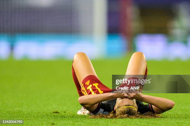 Janice Cayman of Belgium women is disappointed with the loss during the women's quarterfinal between Sweden and Belgium on July 21, 2022 in Leigh,...