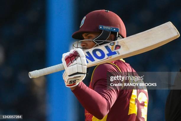 Brandon King of West Indies celebrates his half century during the 1st ODI match between West Indies and India at Queens Park Oval, Port of Spain,...