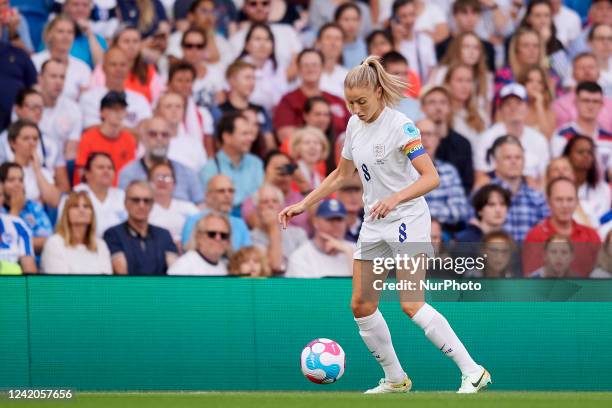 Leah Williamson of England in action during the UEFA Women's Euro England 2022 Quarter Final match between England and Spain at Brighton & Hove...