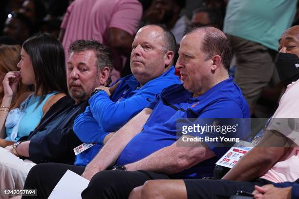 President Leon Rose and Head Coach Tom Thibodeau of the New York Knicks attend a game between the Chicago Bulls and the New York Knicks during the...