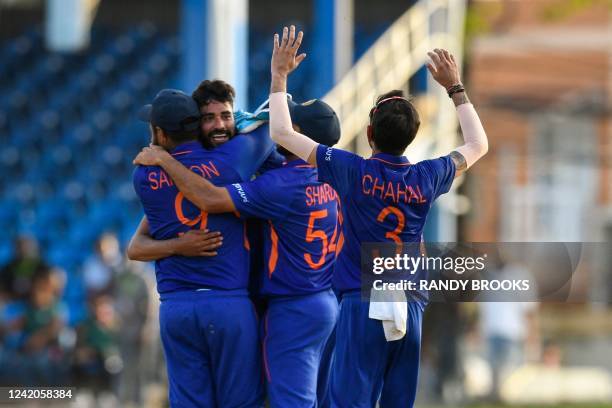 Mohammed Siraj of India celebrates winning the 1st ODI match between West Indies and India at Queens Park Oval, Port of Spain, Trinidad and Tobago,...