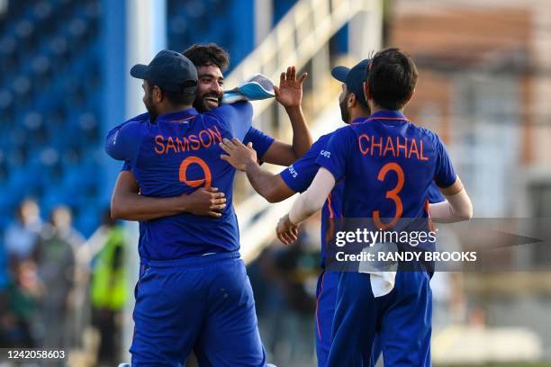 Mohammed Siraj of India celebrates winning the 1st ODI match between West Indies and India at Queens Park Oval, Port of Spain, Trinidad and Tobago,...