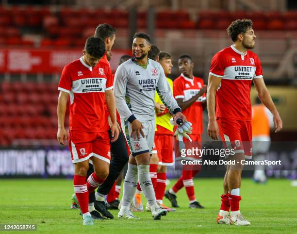 Middlesbroughs Zack Steffen leaves the field after the match during the Football Friendly match between Middlesbrough and Olympique de Marseille at...