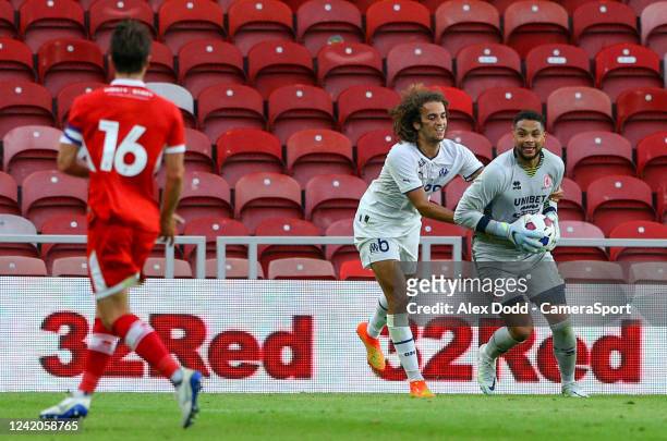 Marseilles Matteo Guendouzi grapples with Middlesbroughs Zack Steffen during the Football Friendly match between Middlesbrough and Olympique de...