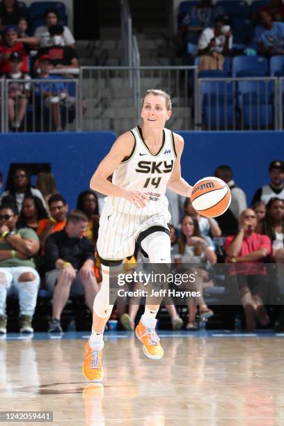 Allie Quigley of the Chicago Sky dribbles the ball during the game against the Dallas Wings on July 22, 2022 at the Wintrust Arena in Chicago,...