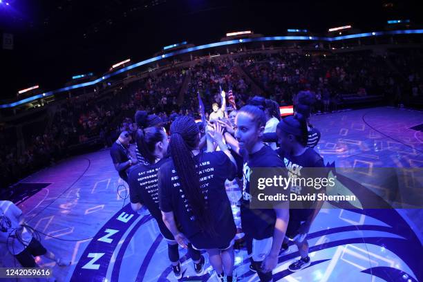 The Minnesota Lynx huddle before the game against the Connecticut Sun on July 22, 2022 at the Target Center in Minneapolis, Minnesota. NOTE TO USER:...