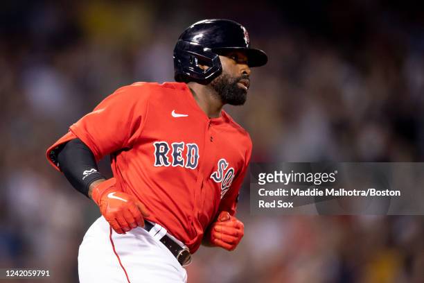 Jackie Bradley Jr. #19 of the Boston Red Sox runs after hitting a two-run home run during the fourth inning of a game against the Toronto Blue Jays...