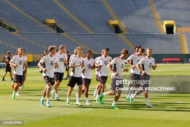 Bayern Munich players warm up during a training session ahead of friendly pre-season match against Manchester City FC at Lambeau Field on July 22...