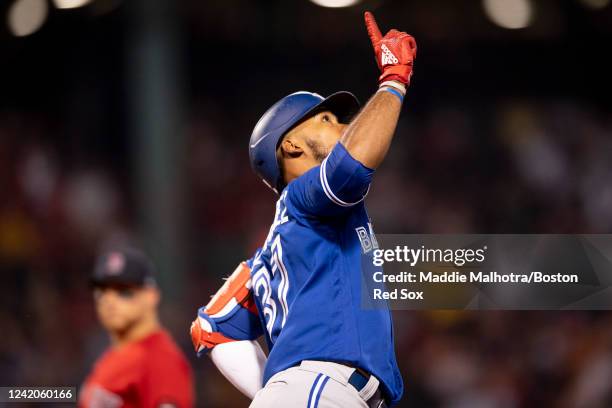 Teoscar Hernández of the Toronto Blue Jays reacts after hitting a home run during the fourth inning of a game against the Boston Red Sox on July 22,...