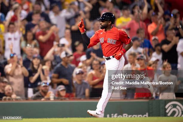 Jackie Bradley Jr. #19 of the Boston Red Sox reacts after hitting a two-run home run during the fourth inning of a game against the Toronto Blue Jays...