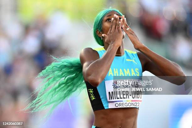 Bahamas' Shaunae Miller-Uibo celebrates after winning the women's 400m final during the World Athletics Championships at Hayward Field in Eugene,...