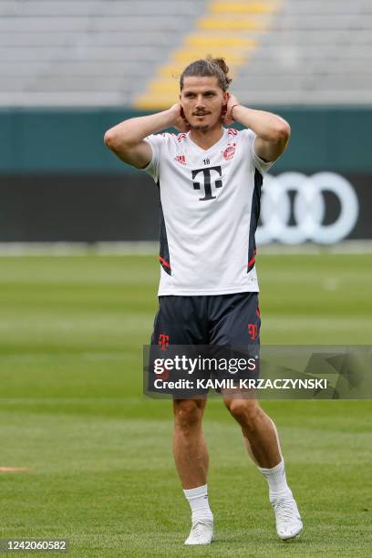 Bayern Munich Austrian midfielder Marcel Sabitzer reacts during a training session ahead of friendly pre-season match against Manchester City FC at...