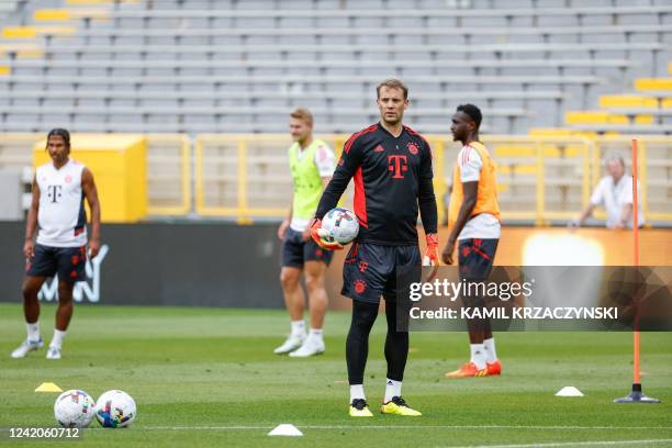 Bayern Munich goalkeeper Manuel Neuer looks on during a training session ahead of friendly pre-season match against Manchester City FC at Lambeau...