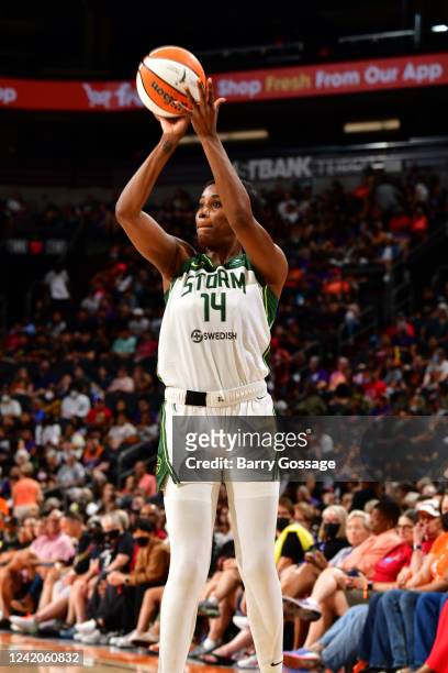 Jantel Lavender of the Seattle Storm shoots the ball during the game against the Phoenix Mercury on July 22, 2022 at Footprint Center in Phoenix,...