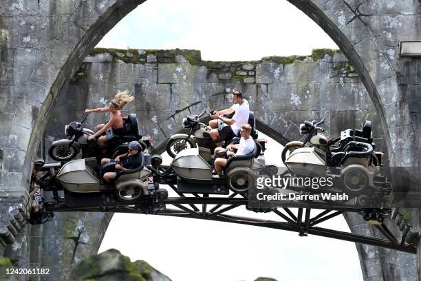 Marcus Bettinelli and Timo Werner of Chelsea rides Hagrids Magical Creatures Motorbike Adventure during a visit at Universal Orlando Resort on July...