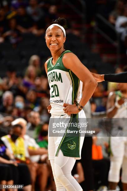 Briann January of the Seattle Storm looks on during the game against the Phoenix Mercury on July 22, 2022 at Footprint Center in Phoenix, Arizona....
