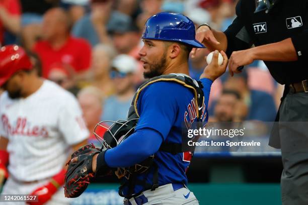 Chicago Cubs catcher Willson Contreras behind home plate during the Major League Baseball game between the Philadelphia Phillies and the Chicago Cubs...