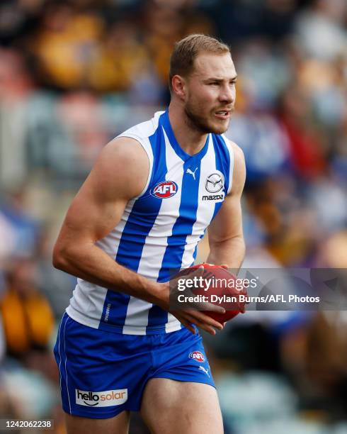 Ben McKay of the Kangaroos looks on during the 2022 AFL Round 19 match between the North Melbourne Kangaroos and the Hawthorn Hawks at Blundstone...