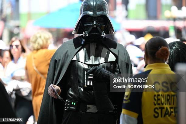 Cosplayer portrays Darth Vader from "Star Wars" outside the convention center during Comic-Con International 2022 on July 22, 2022 in San Diego,...