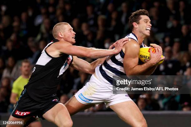 Tom Hawkins marks in front of Tom Clurey of the Power during the 2022 AFL Round 19 match between the Port Adelaide Power and the Geelong Cats at...
