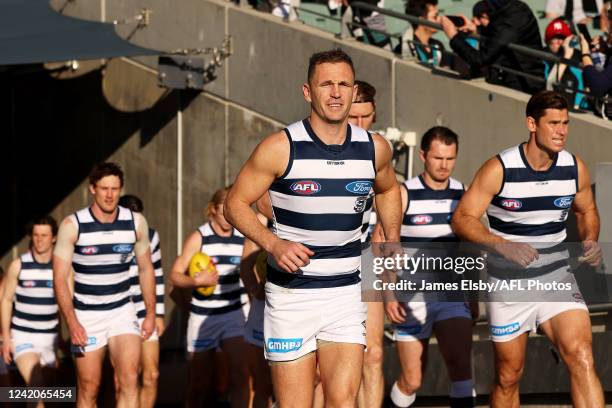 Joel Selwood of the Cats runs out during the 2022 AFL Round 19 match between the Port Adelaide Power and the Geelong Cats at Adelaide Oval on July...