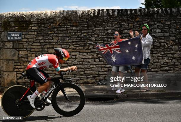 Lotto Soudal team's Australian rider Caleb Ewan cycles during the 20th stage of the 109th edition of the Tour de France cycling race 7 km individual...