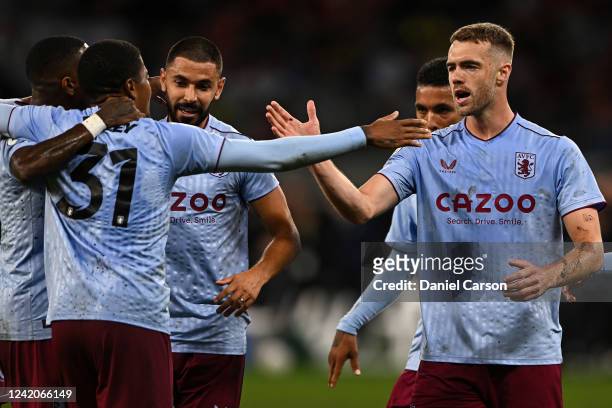 Calum Chambers of Aston Villa celebrates a goal during the Pre-Season Friendly match between Manchester United and Aston Villa at Optus Stadium on...