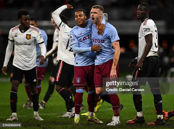 Calum Chambers of Aston Villa celebrates a goal during the Pre-Season Friendly match between Manchester United and Aston Villa at Optus Stadium on...