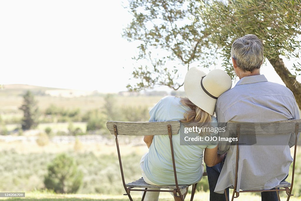 Rear view of couple in chairs at park