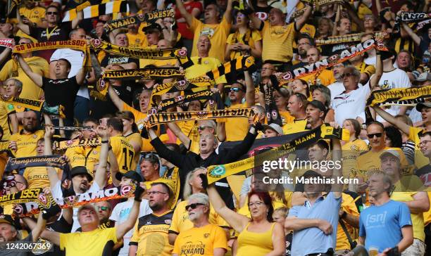 Fans of Dresden are pictured during the 3. Liga match between SG Dynamo Dresden and TSV 1860 Muenchen at Rudolf-Harbig-Stadion on July 23, 2022 in...