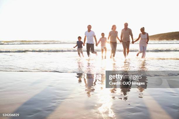 family holding hands in water at beach - multi generation family stockfoto's en -beelden