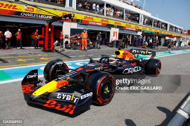 Red Bull Racing's Dutch driver Max Verstappen leaves the pits during the qualifying session ahead of the French Formula One Grand Prix at the Circuit...