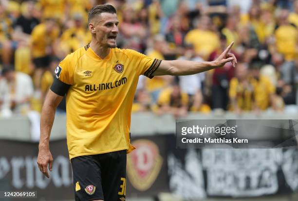 Stefan Kutschke of Dresden reacts during the 3. Liga match between SG Dynamo Dresden and TSV 1860 Muenchen at Rudolf-Harbig-Stadion on July 23, 2022...