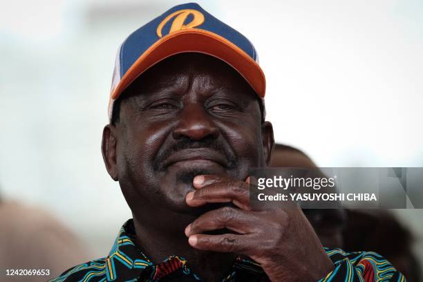 Azimio La Umoja Coalition presidential candidate Raila Odinga reacts on stage during a campaign rally in Murang'a on July 23 ahead of Kenya's August...