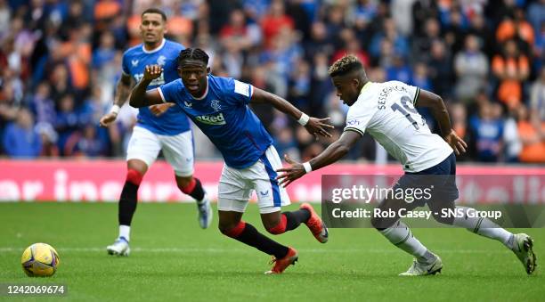 Rangers' Rabbi Matondo and Tottenham's Ryan Sessegnon during a pre-season friendly match between Rangers and Tottenham Hotspur at Ibrox Stadium, on...