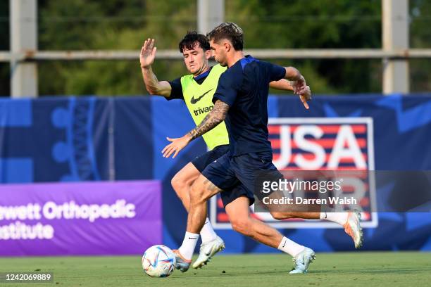Ben Chilwell and Christian Pulisic of Chelsea during a training session at Osceola Heritage Park Orlando FC Training Facility on July 22, 2022 in...