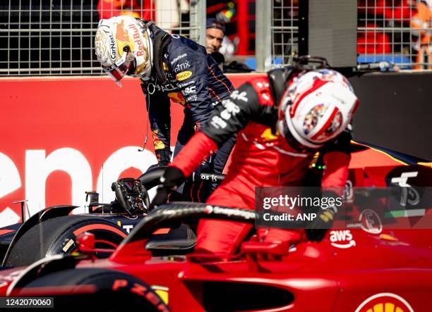 Max Verstappen and Charles Leclerc after qualifying ahead of the F1 Grand Prix of France at Circuit Paul Ricard on July 23, 2022 in Le Castellet,...