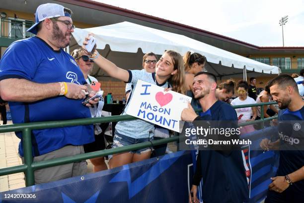 Mason Mount of Chelsea sign autographs and pose for pictures before a training session at Osceola Heritage Park Orlando FC Training Facility on July...