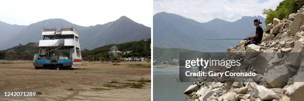 An El Capitan catamaran and boat rentals boat is stranded on what would normally be underwater, as a severe drought in Northern Mexico has dried up...