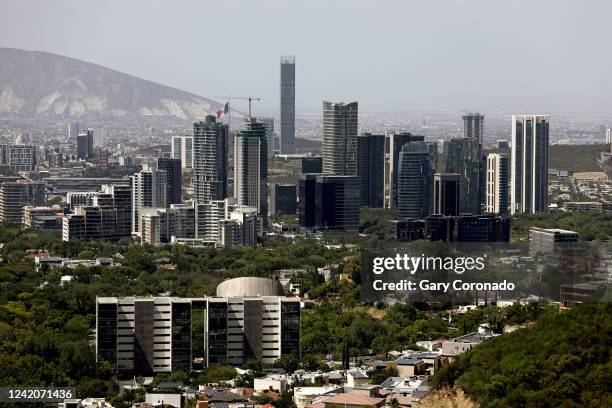 The sky line of San Pedro Garza García, a Monterrey suburb that is the wealthiest zip code in Mexico, some houses have green lawns out front and...