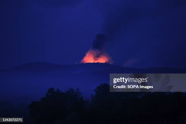 Large wildfire that burns in the Karst region of Slovenia for the sixth day seen from the village of Kostanjevica na Krasu. About a thousand firemen...