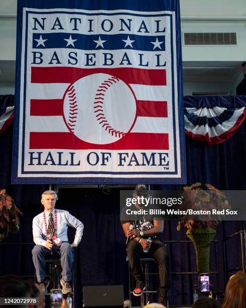 Hall of Fame Class of 2022 Inductee David Ortiz addresses the media during a press conference during the 2022 Hall of Fame weekend at the National...