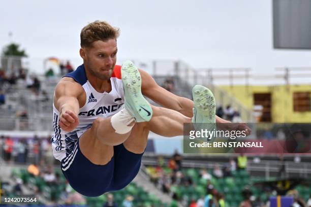 France's Kevin Mayer competes in the men's long jump decathlon event during the World Athletics Championships at Hayward Field in Eugene, Oregon on...