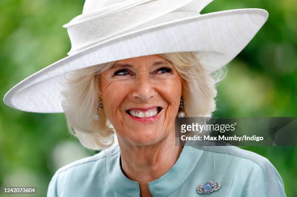 Camilla, Duchess of Cornwall attends the QIPCO King George Diamond Day, where she presented the prizes to the winners of The King George VI and Queen...