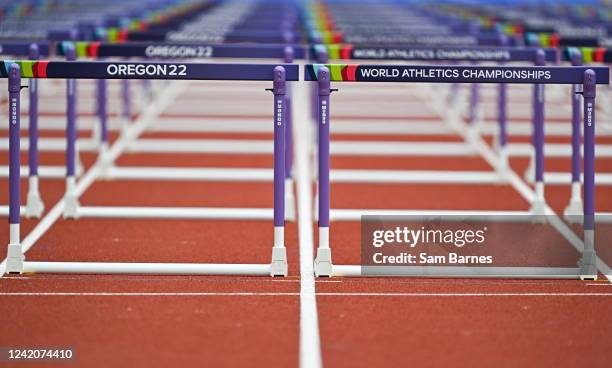 Oregon , United States - 23 July 2022; A general view of hurdles before the women's 100m hurdles heats during day nine of the World Athletics...